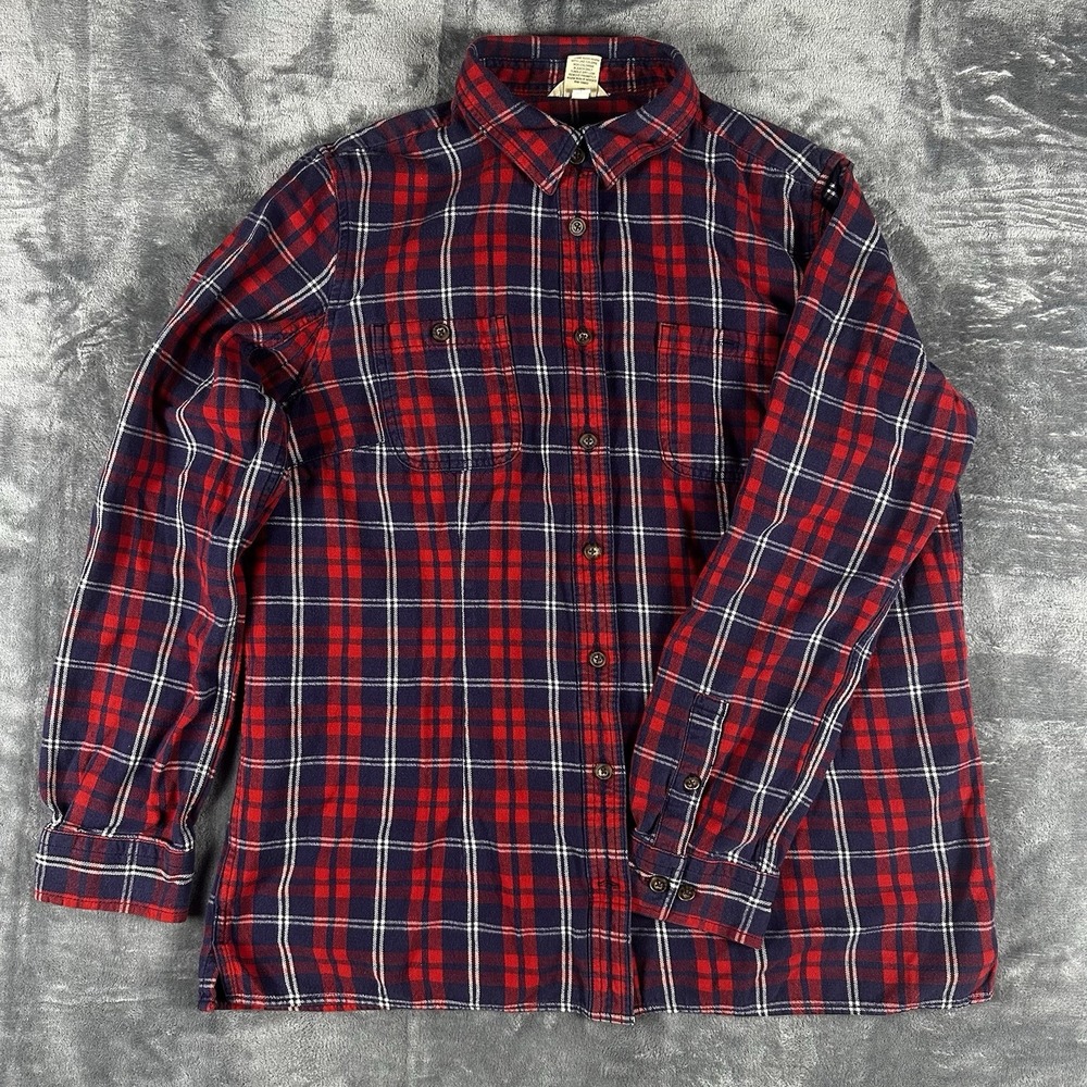 Duluth Trading Co Mens L Red Blue Plaid Flannel Shirt Long Sleeve Button Up